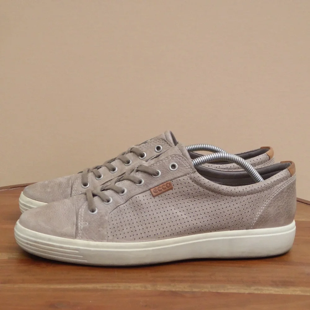 ECCO Mens Soft 7 Sneaker Taupe Leather Perforated Lace Up 11